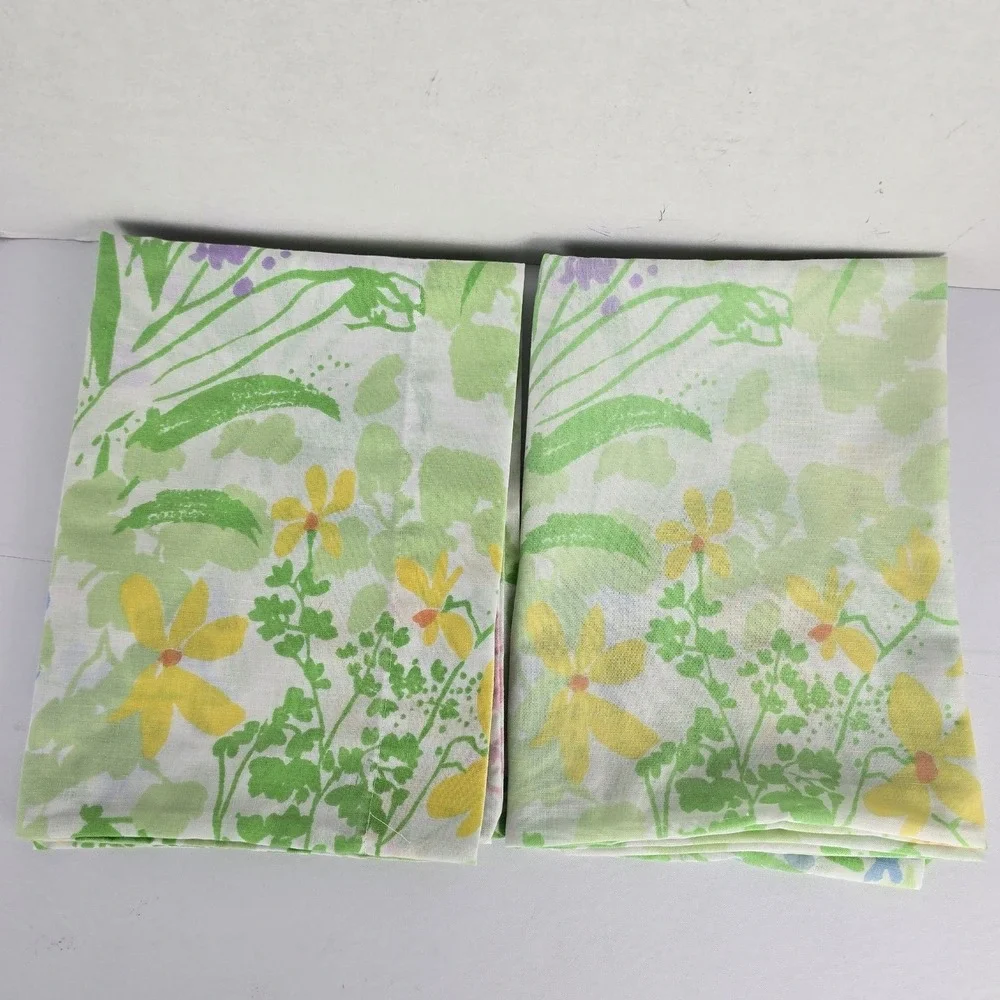 Lady Pepperell Pillowcases Standard Green Yellow Floral Vintage No Iron Made USA